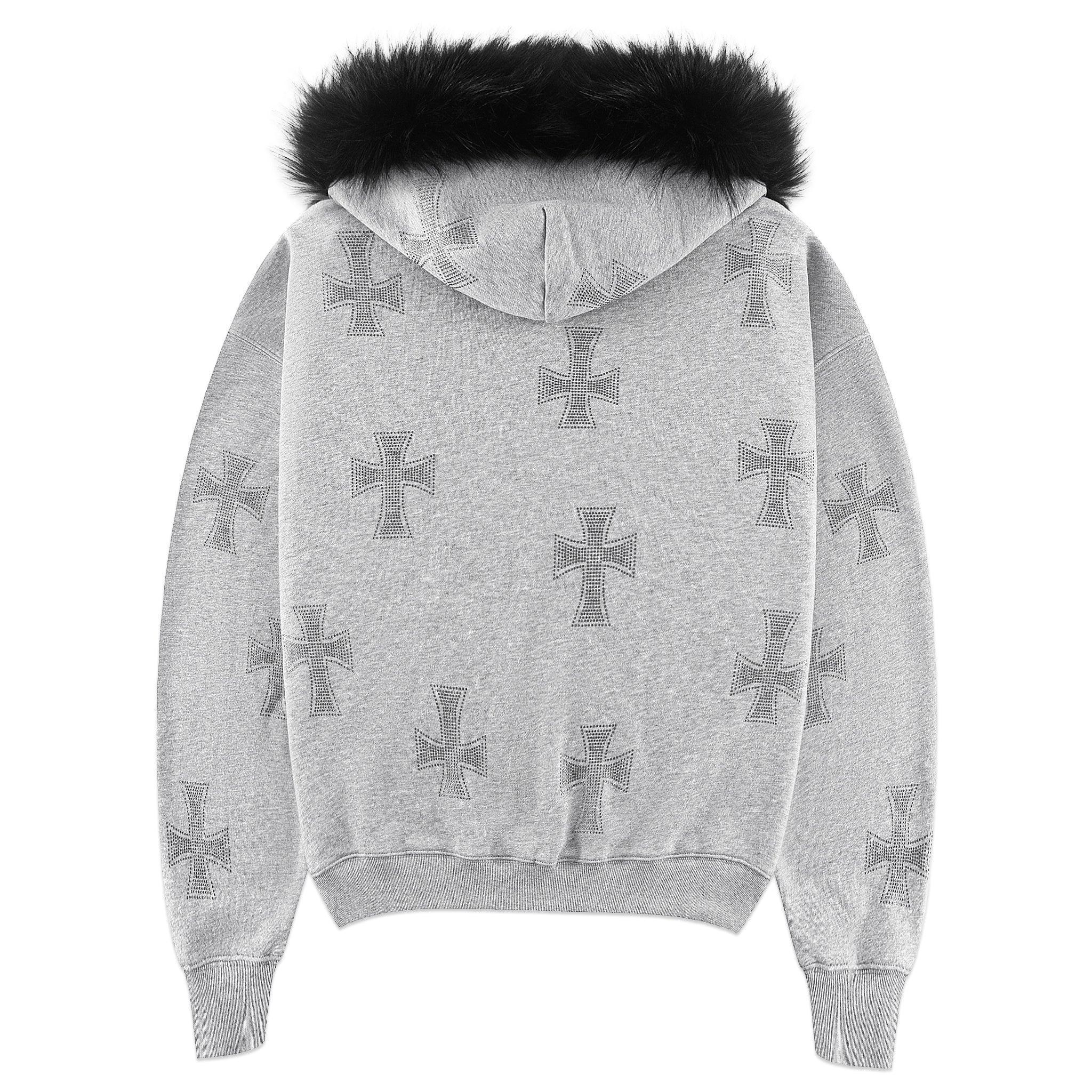 Cross Rhinestone Faux Fur Zip Hoodie - UNKNOWN LONDON - VENTURER