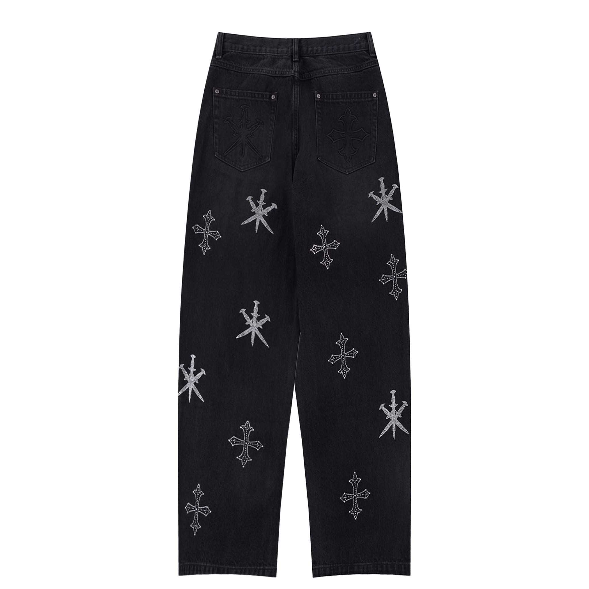 Dagger Cross Rhinestone Baggy Denim Pants