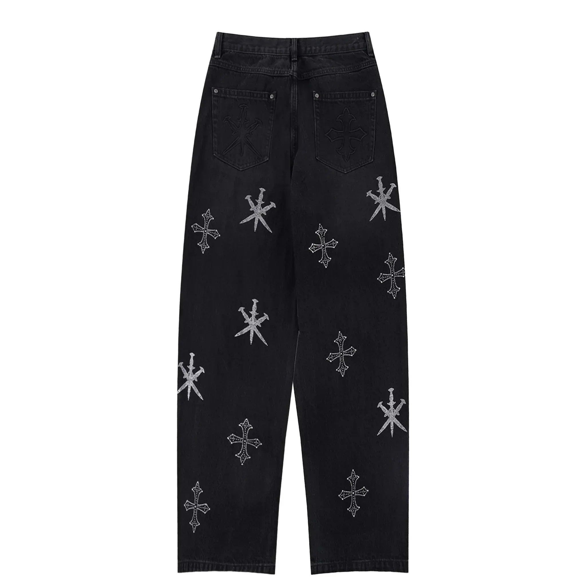 Dagger Cross Rhinestone Baggy Denim Pants - UNKNOWN LONDON - VENTURER