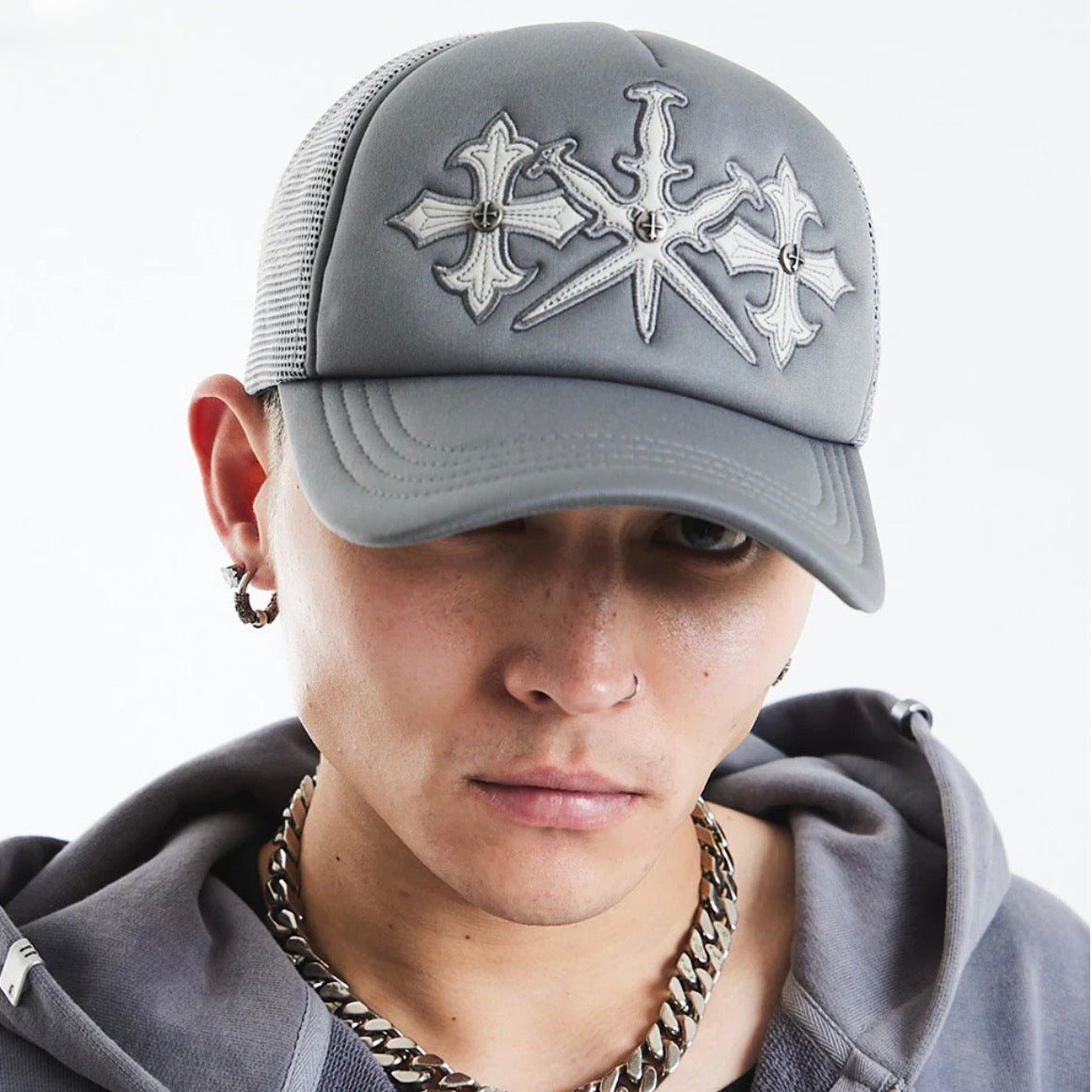 Dagger Cross Leather Patch Mesh Cap