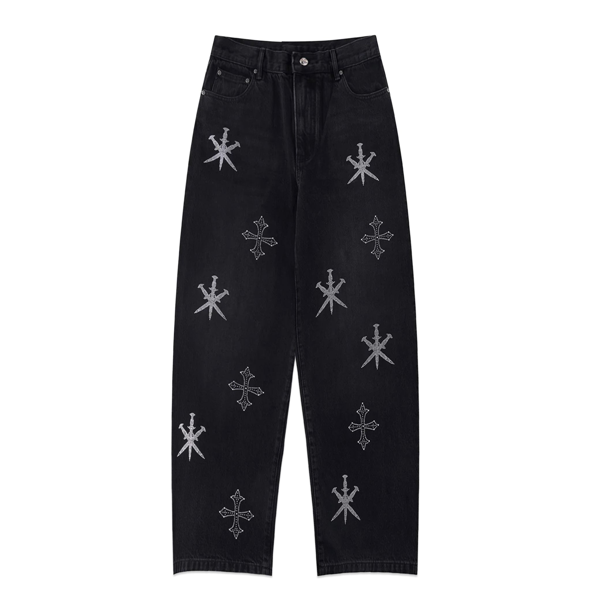 Dagger Cross Rhinestone Baggy Denim Pants
