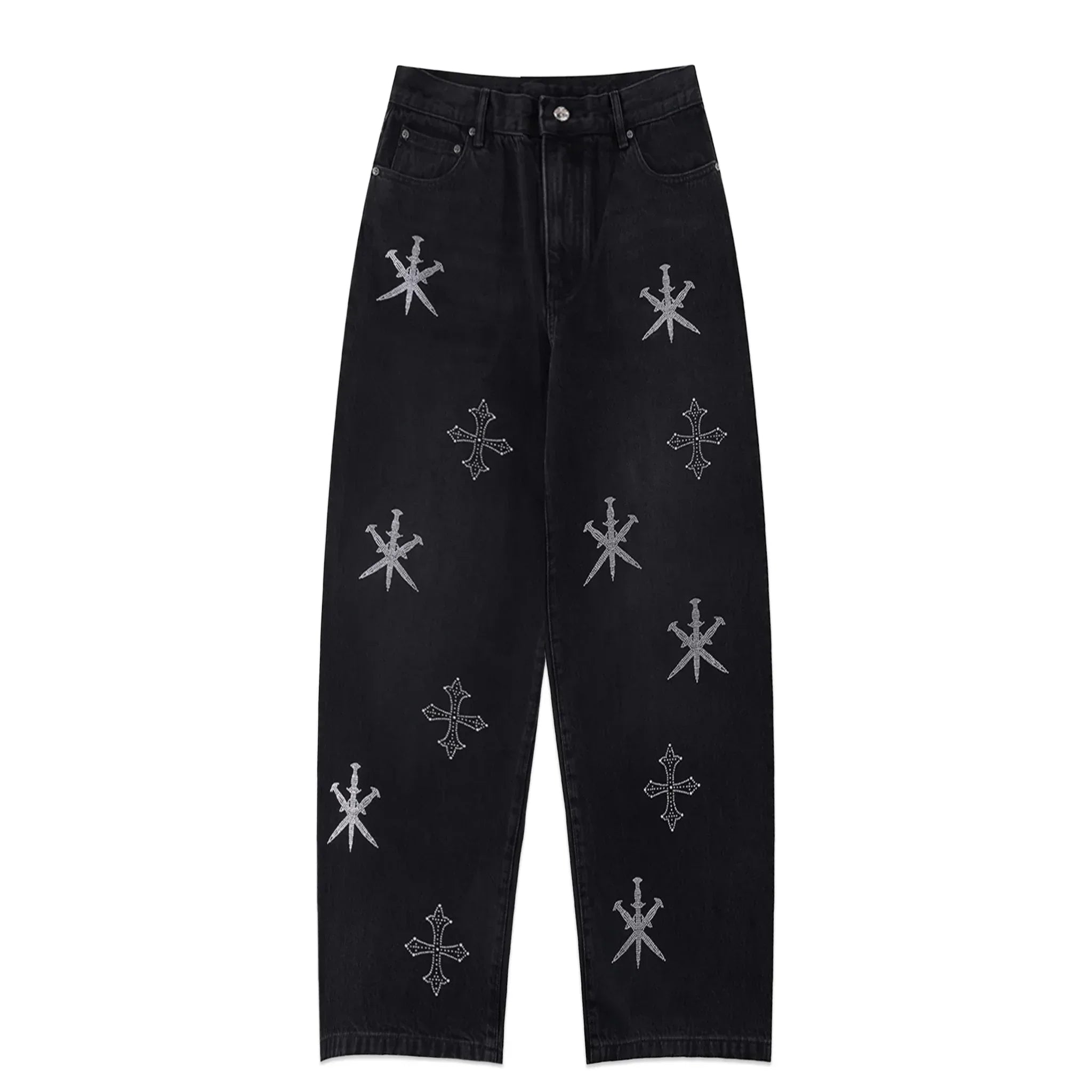 Dagger Cross Rhinestone Baggy Denim Pants - UNKNOWN LONDON - VENTURER