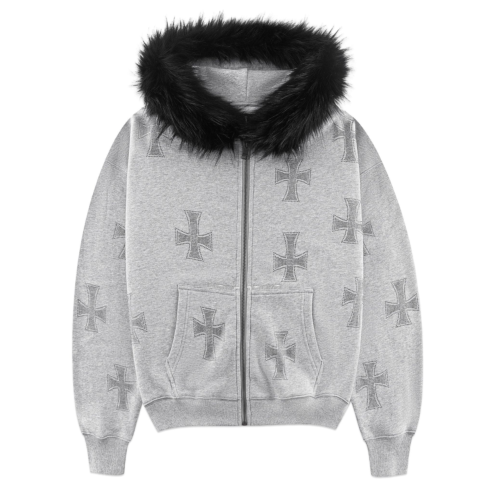 Cross Rhinestone Faux Fur Zip Hoodie - UNKNOWN LONDON - VENTURER