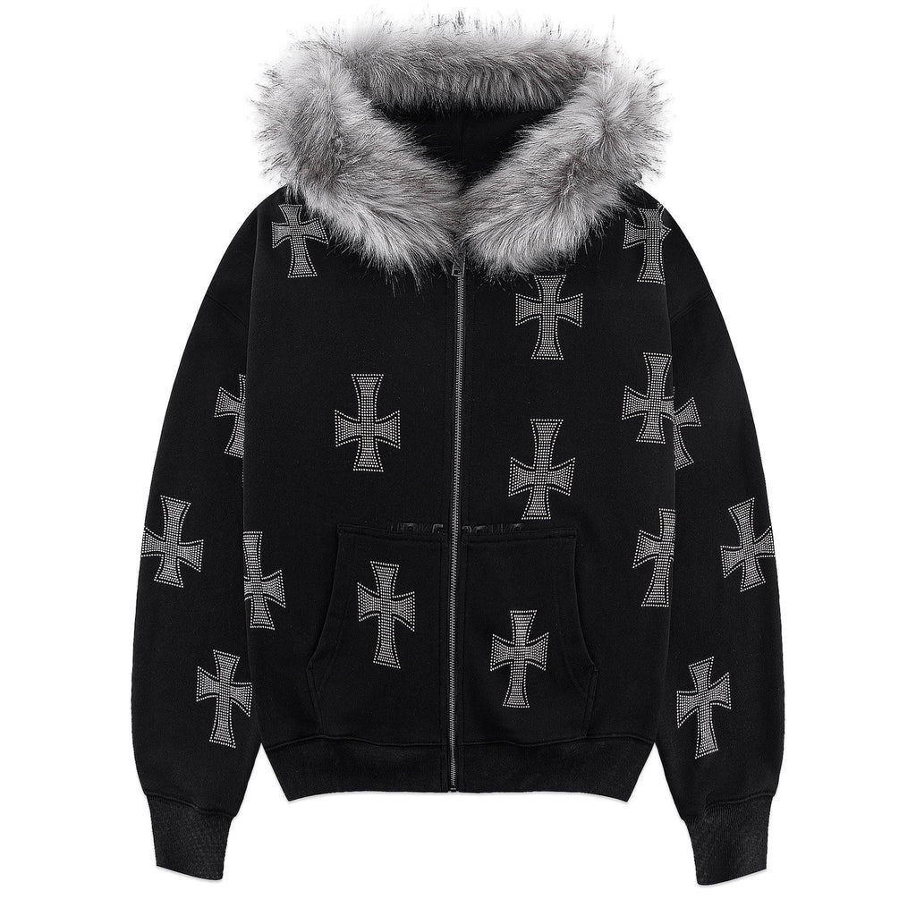 UNKNOWN LONDON Product Page - Dagger Cross Rhinestone Zip Hoodie 