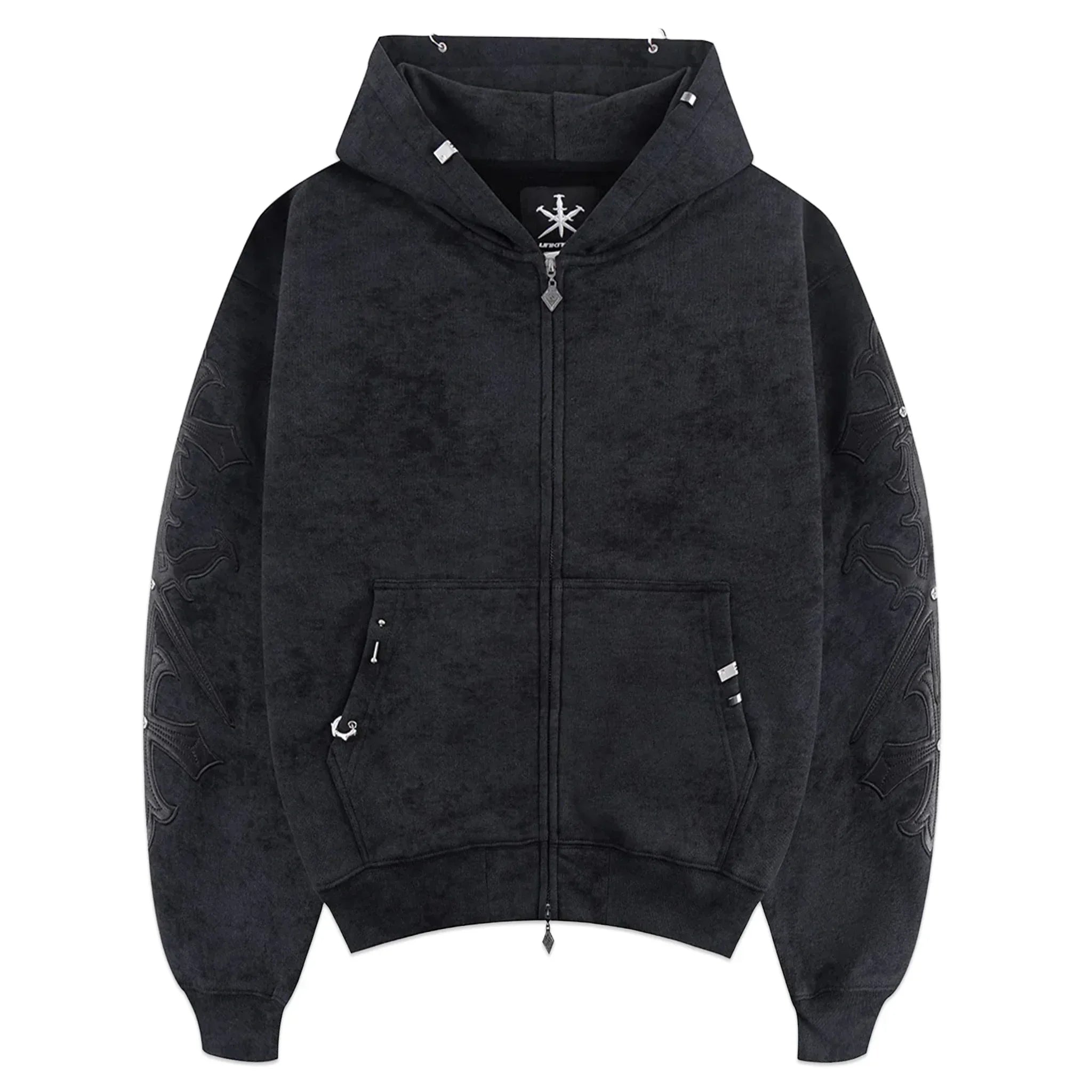 Dagger Cross Leather Patch Zip Hoodie - UNKNOWN LONDON - VENTURER