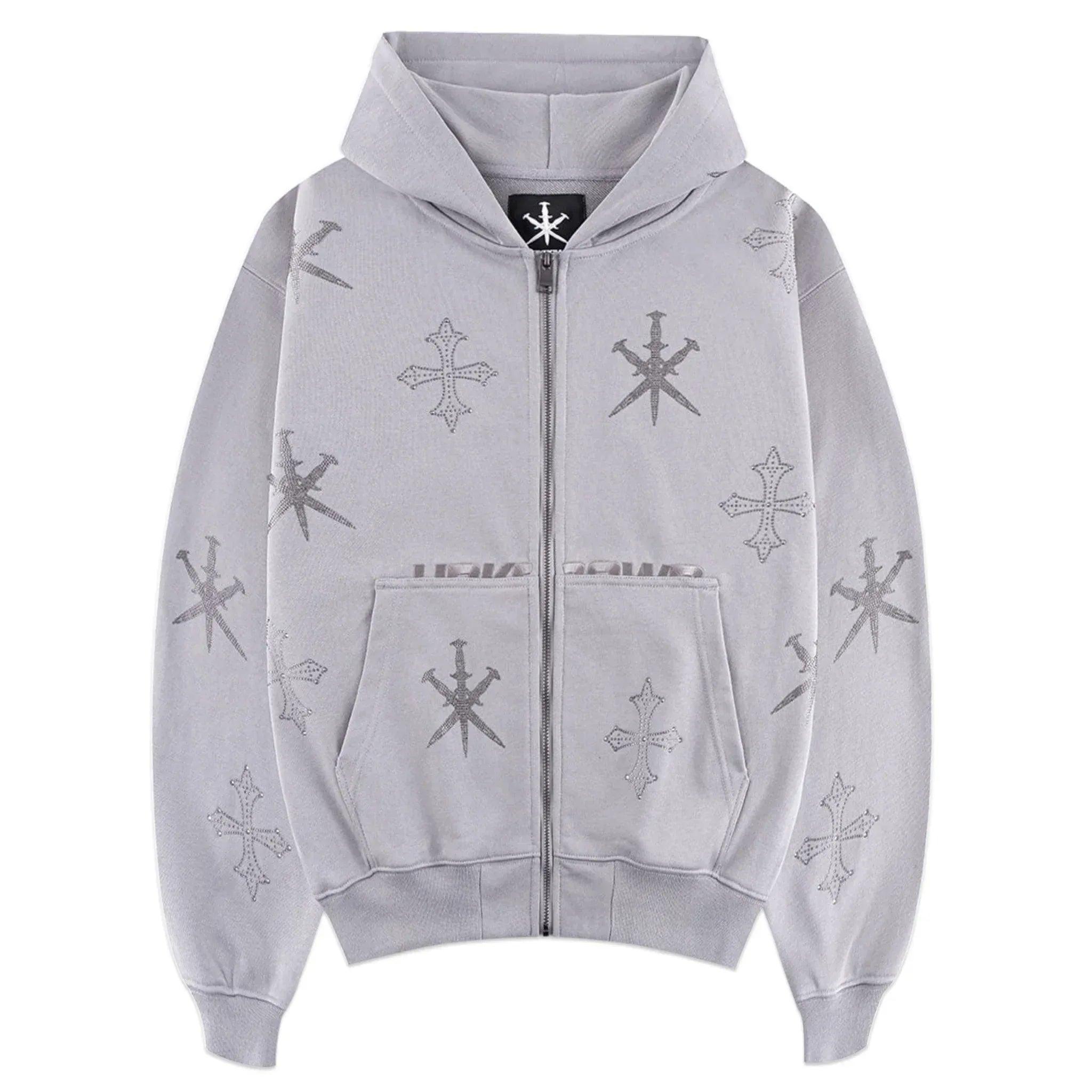 Dagger Cross Rhinestone Zip Hoodie - UNKNOWN LONDON - VENTURER