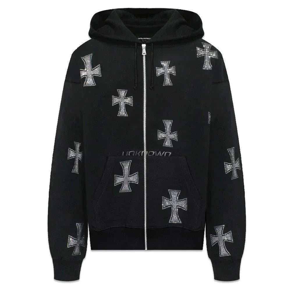 Cross Rhinestone Zip Up Hoodie - UNKNOWN LONDON - VENTURER