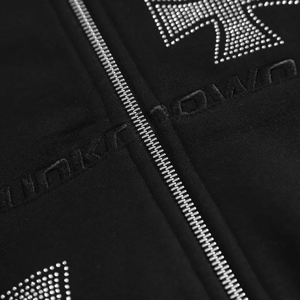 Cross Rhinestone Zip Up Hoodie - UNKNOWN LONDON - VENTURER