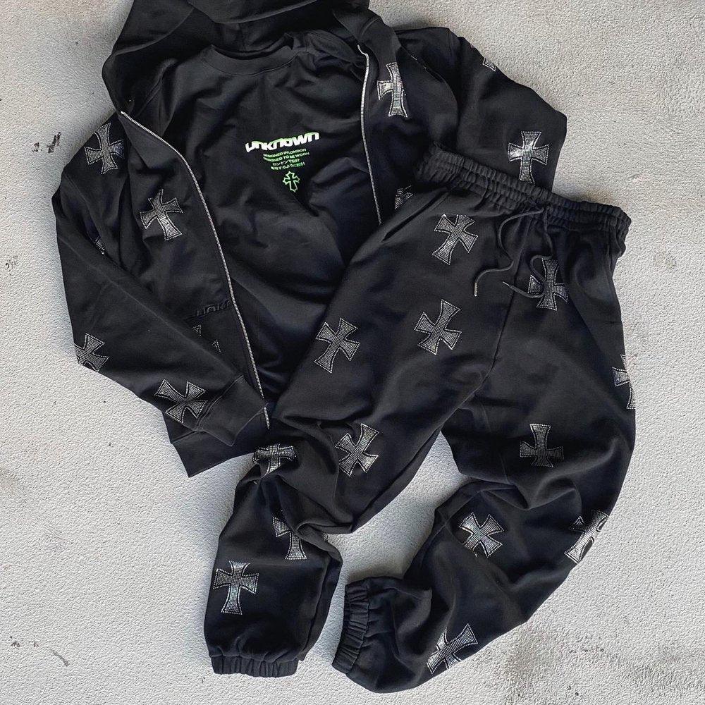 Cross Rhinestone Zip Up Hoodie - UNKNOWN LONDON - VENTURER