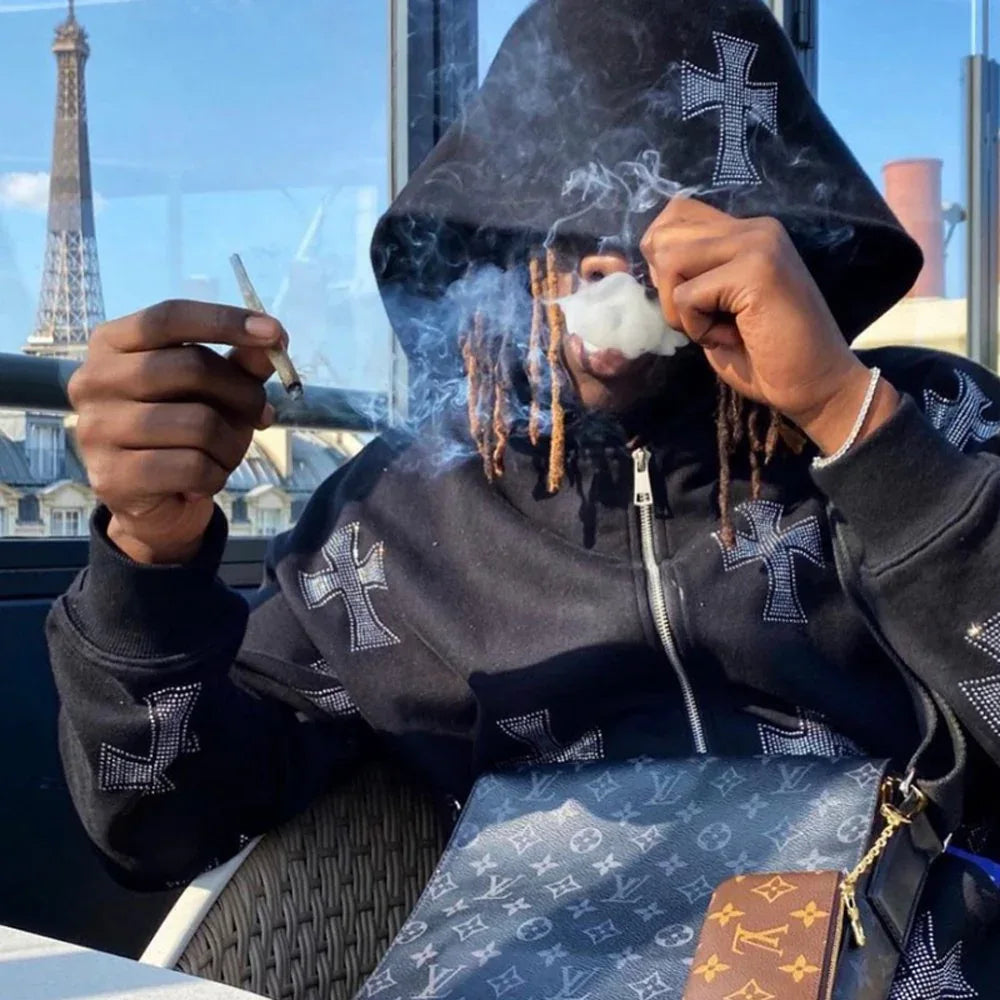 Cross Rhinestone Zip Up Hoodie - UNKNOWN LONDON - VENTURER