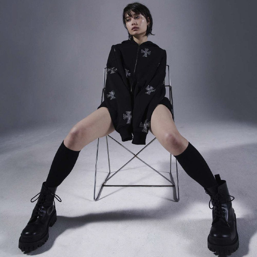 Cross Rhinestone Zip Up Hoodie