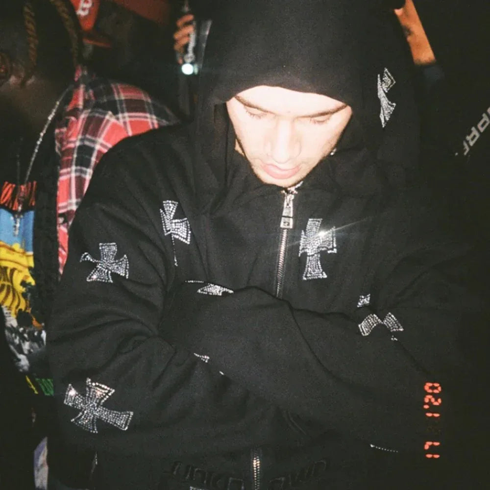 Cross Rhinestone Zip Up Hoodie - UNKNOWN LONDON - VENTURER