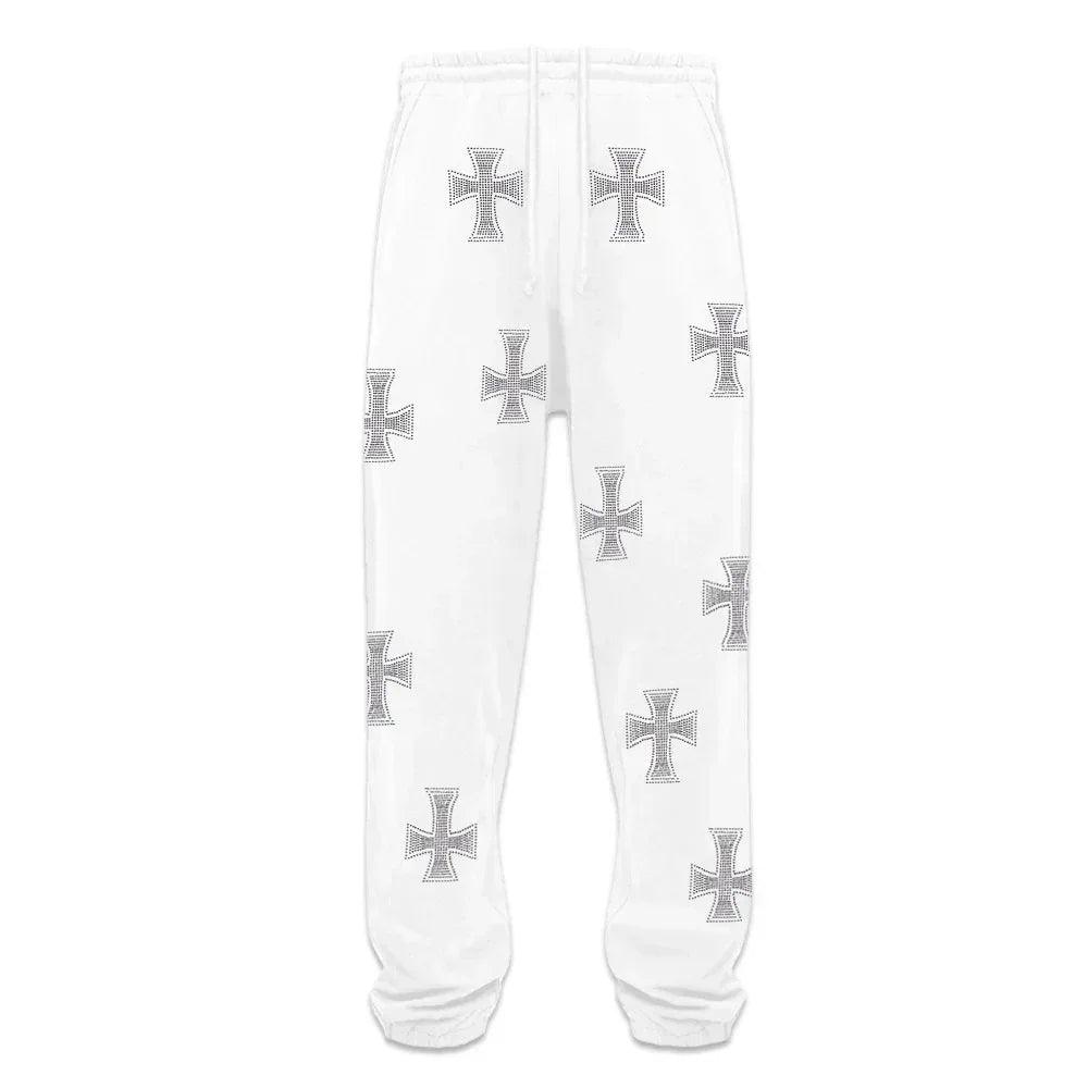 UNKNOWN LONDON Product Page - Cross Rhinestone Joggers - White 