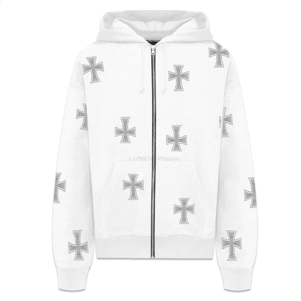 Cross Rhinestone Zip Up Hoodie - UNKNOWN LONDON - VENTURER