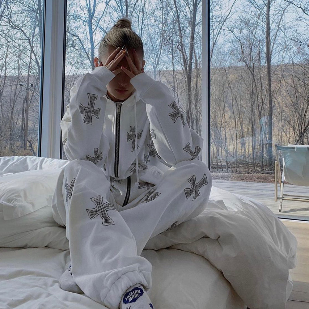 Cross Rhinestone Zip Up Hoodie