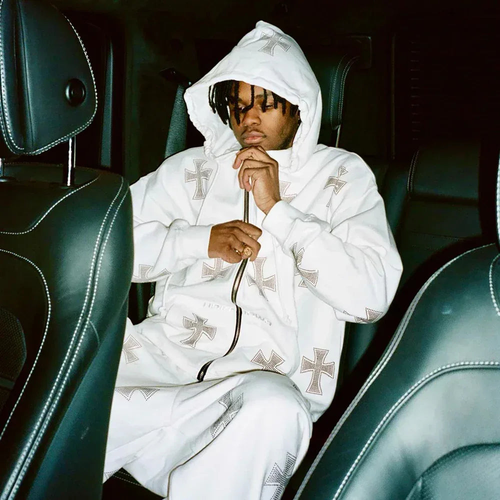 Cross Rhinestone Zip Up Hoodie - UNKNOWN LONDON - VENTURER