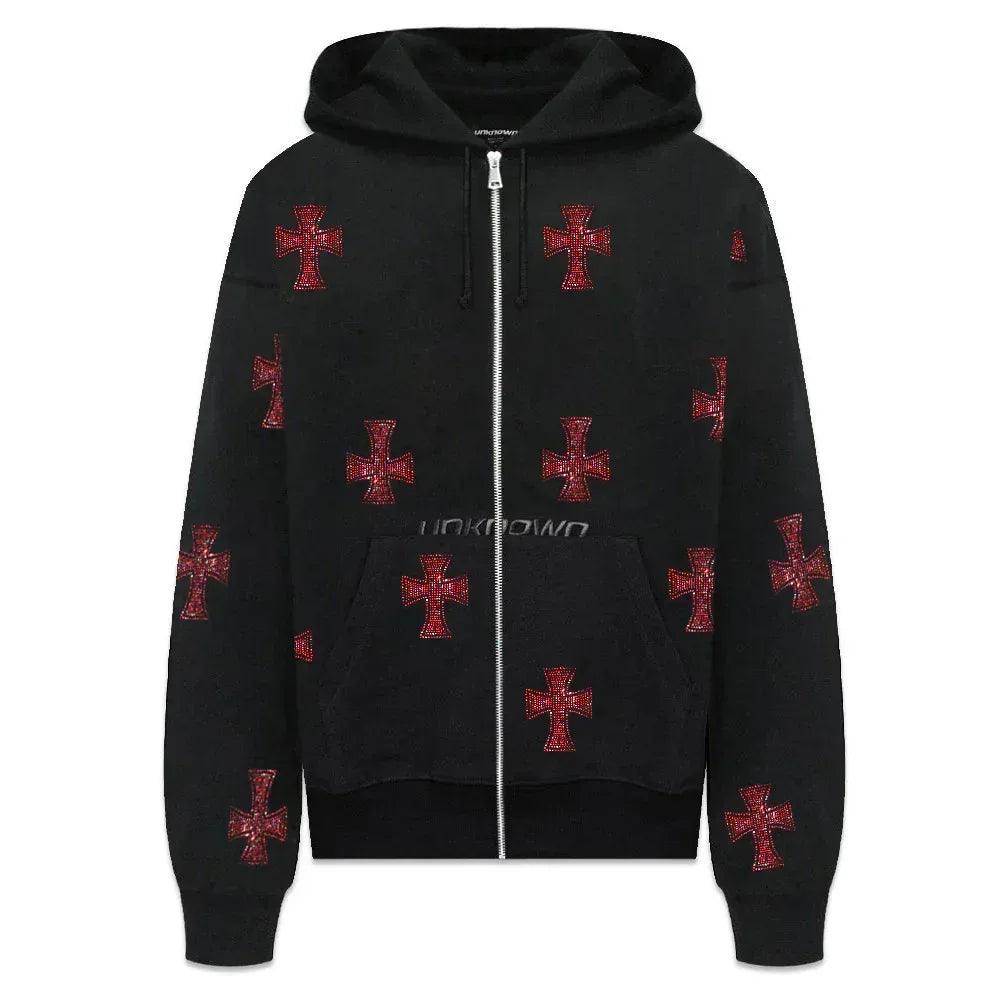 Cross Rhinestone Zip Up Hoodie - UNKNOWN LONDON - VENTURER