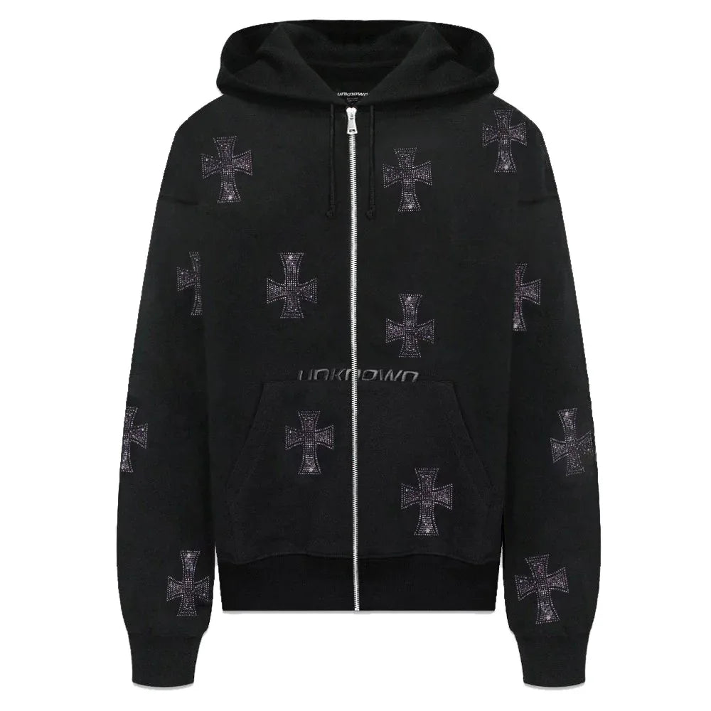 Cross Rhinestone Zip Up Hoodie - UNKNOWN LONDON - VENTURER