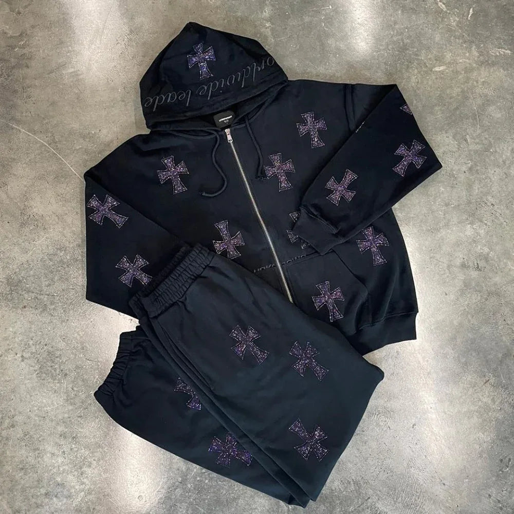 Cross Rhinestone Zip Up Hoodie - UNKNOWN LONDON - VENTURER