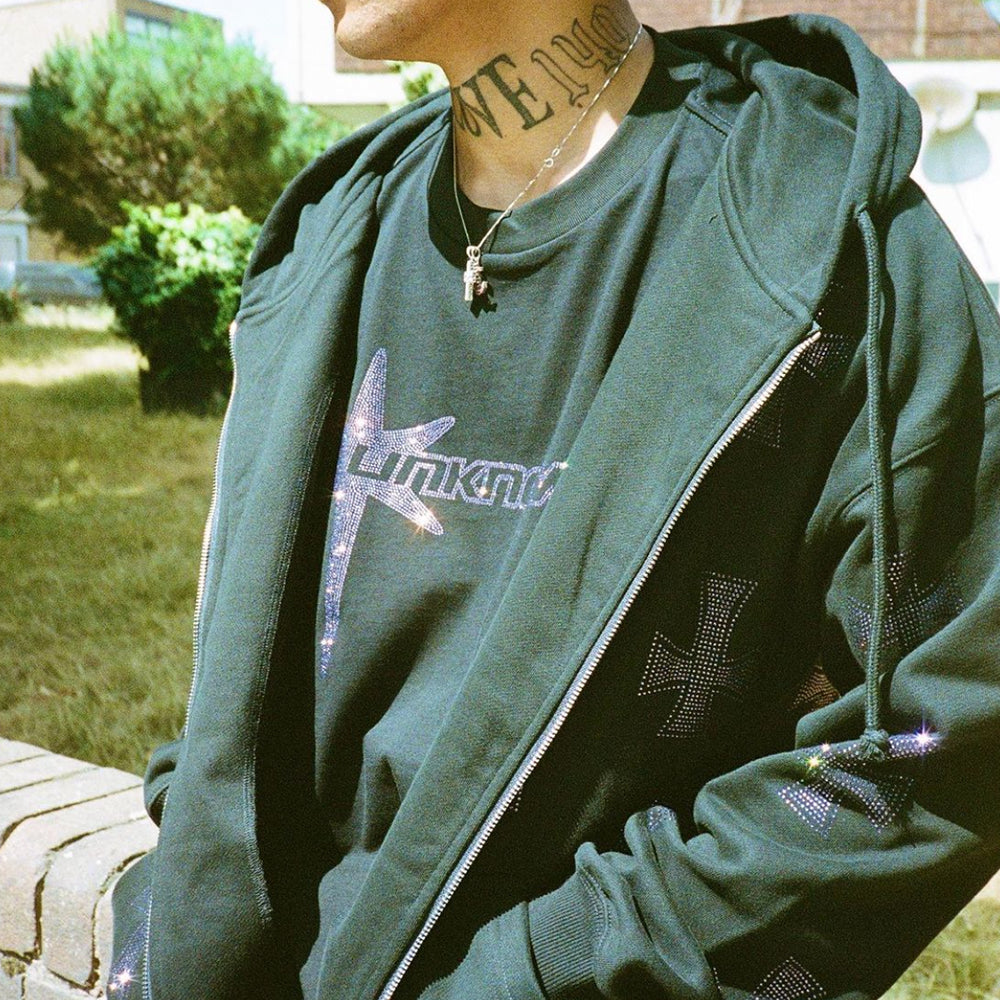 Cross Rhinestone Zip Up Hoodie - UNKNOWN LONDON - VENTURER