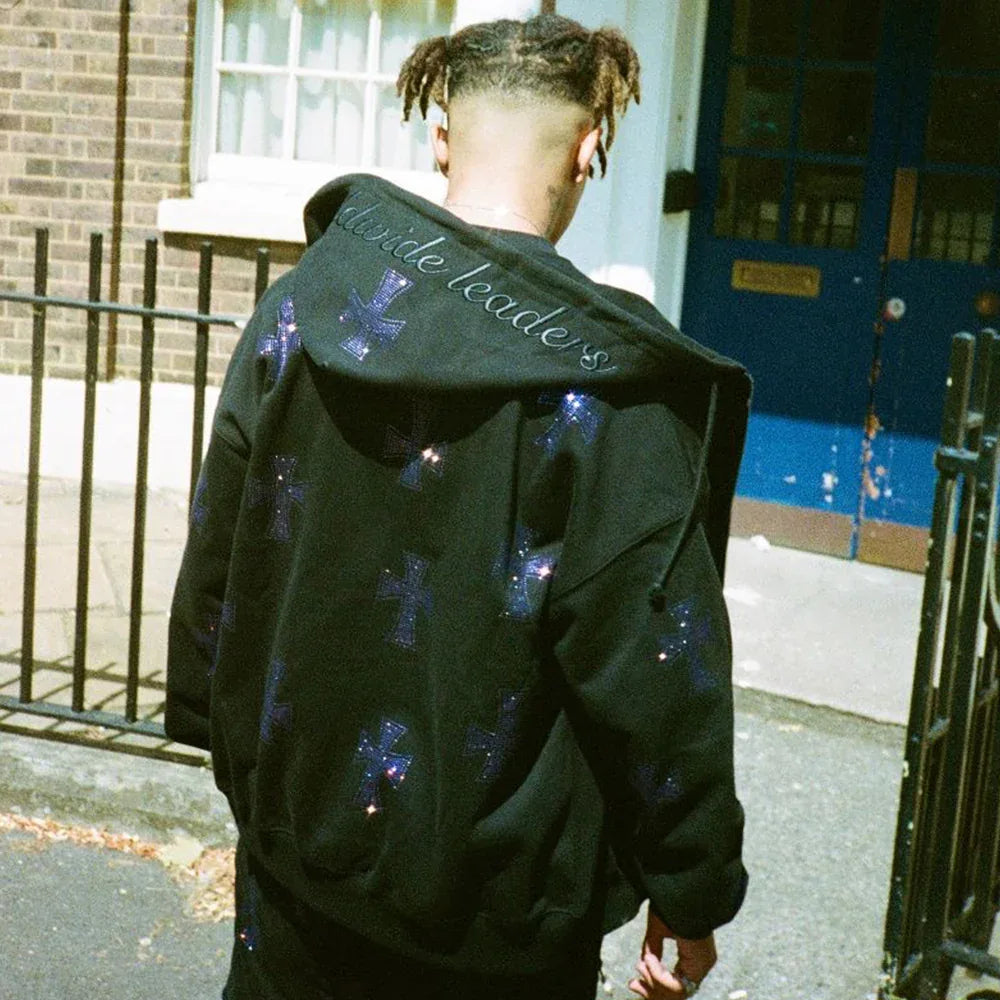 Cross Rhinestone Zip Up Hoodie - UNKNOWN LONDON - VENTURER
