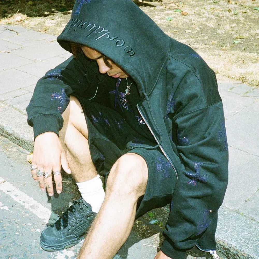 Cross Rhinestone Zip Up Hoodie - UNKNOWN LONDON - VENTURER