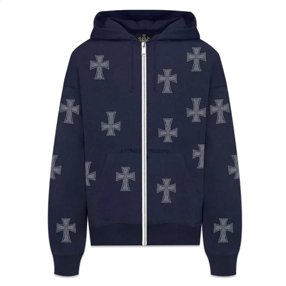 Cross Rhinestone Zip Up Hoodie - UNKNOWN LONDON - VENTURER