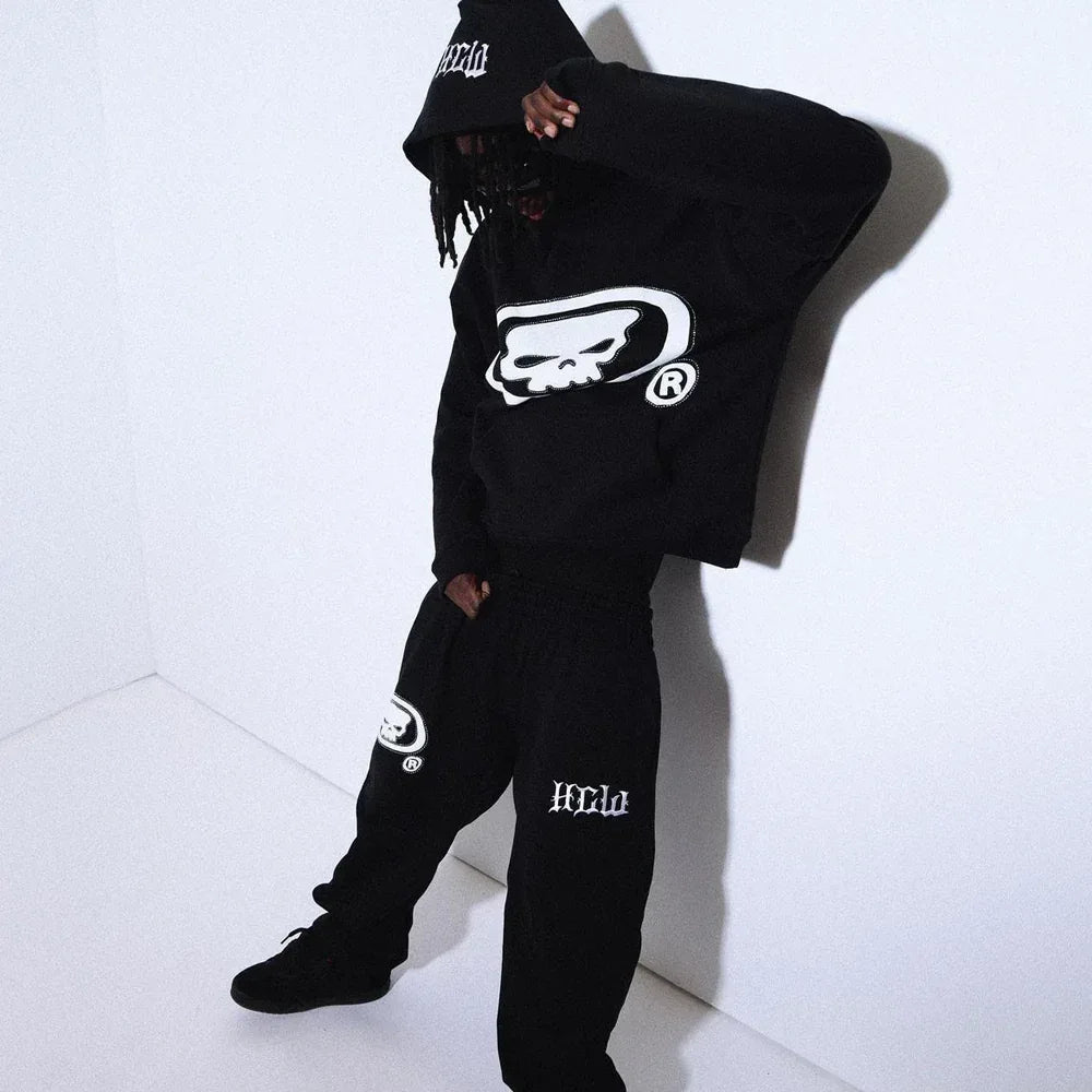 Rhinestone Puff Print Skull Joggers - HEAVEN CAN WAIT - VENTURER