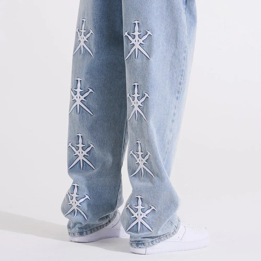 Dagger Embroidery Baggy Denim - UNKNOWN LONDON - VENTURER