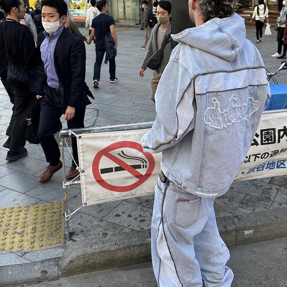 Bleached Zip Panel Baggy Denim