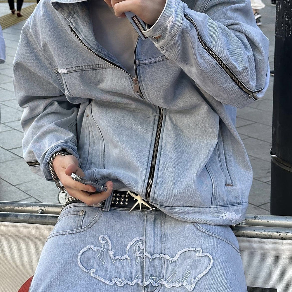 Bleached Zip Panel Baggy Denim
