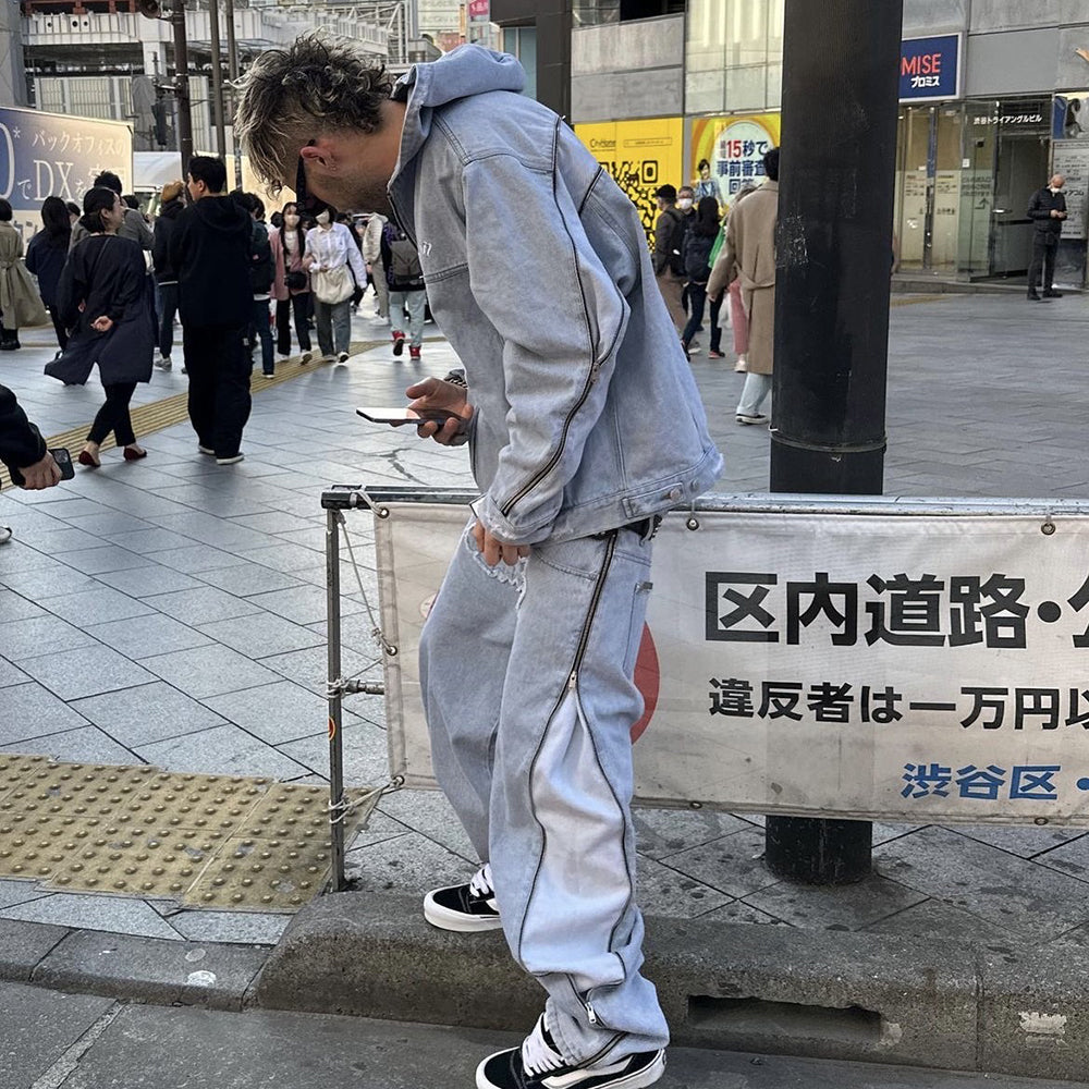 Bleached Zip Panel Baggy Denim