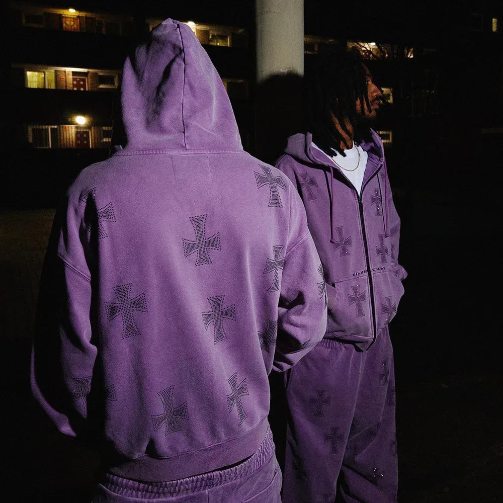 Cross Rhinestone Zip Up Hoodie - UNKNOWN LONDON - VENTURER