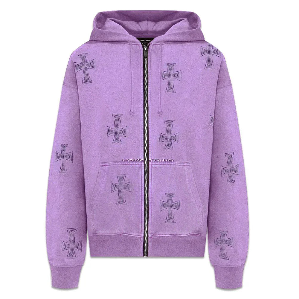 Cross Rhinestone Zip Up Hoodie - UNKNOWN LONDON - VENTURER