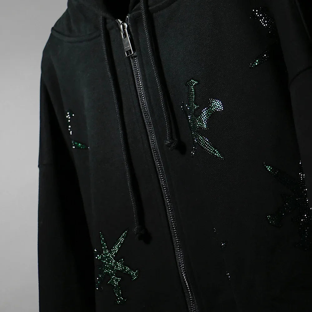 Dagger Rhinestone Zip Up Hoodie - UNKNOWN LONDON - VENTURER