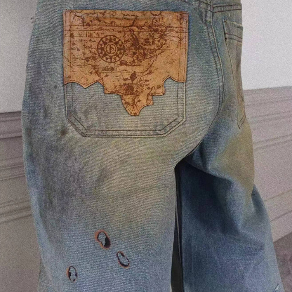 Dirty-Washed Brushing Wax Baggy Denim