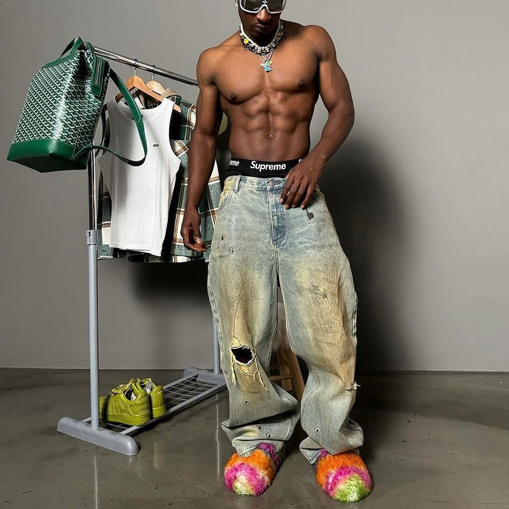 Dirty-Washed Brushing Wax Baggy Denim