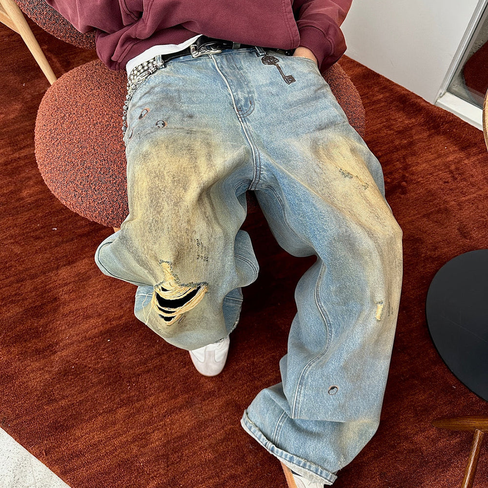 Dirty-Washed Brushing Wax Baggy Denim