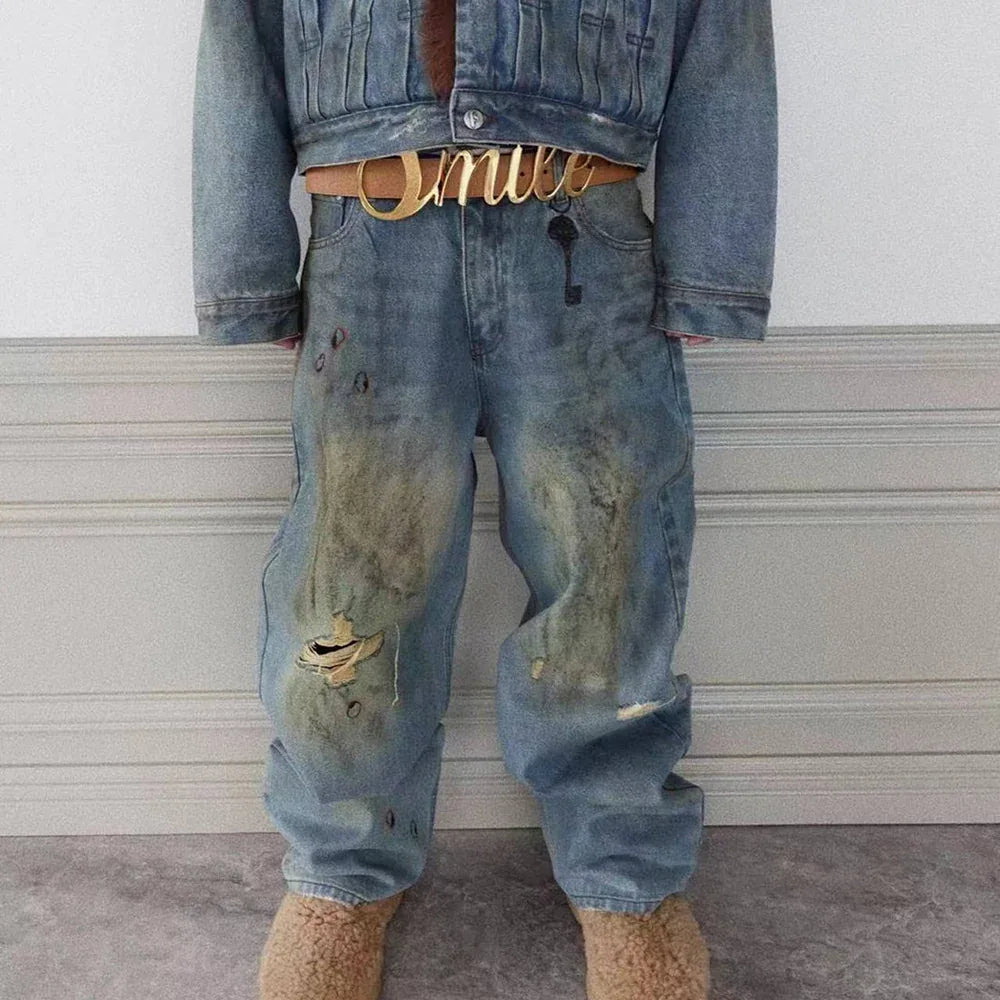 Dirty-Washed Brushing Wax Baggy Denim - BIRTH OF ROYAL CHILD - VENTURER