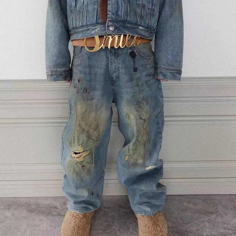 Dirty-Washed Brushing Wax Baggy Denim - BIRTH OF ROYAL CHILD - VENTURER