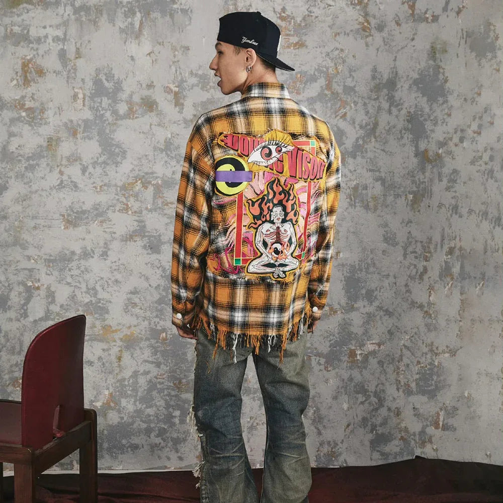 Double Eye Patch Leather Check Shirt - GLACIERBOY - VENTURER