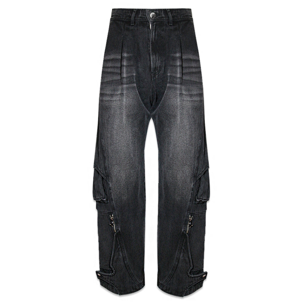 Curved Cargo Washed Denim Pants