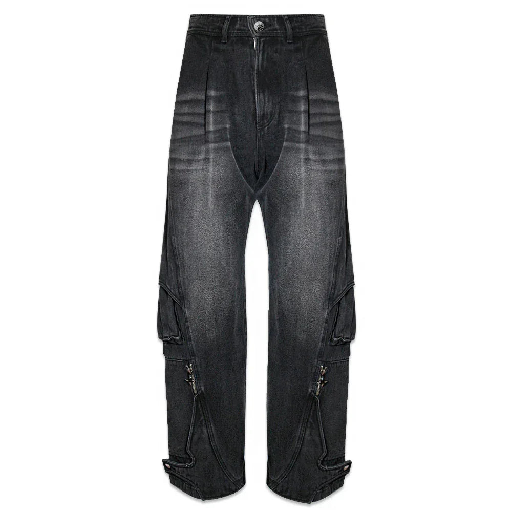 Curved Cargo Washed Denim Pants - BLR BLUER - VENTURER