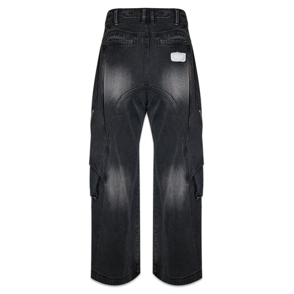 Curved Cargo Washed Denim Pants - BLR BLUER - VENTURER