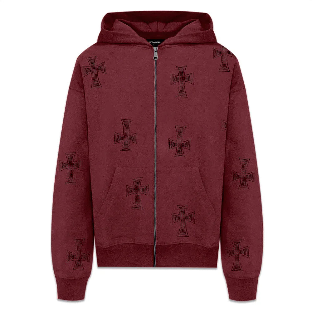 Cross Rhinestone Zip Up Hoodie - UNKNOWN LONDON - VENTURER
