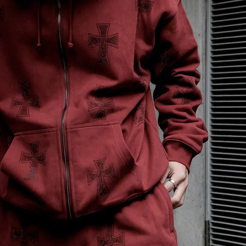 Cross Rhinestone Zip Up Hoodie - UNKNOWN LONDON - VENTURER