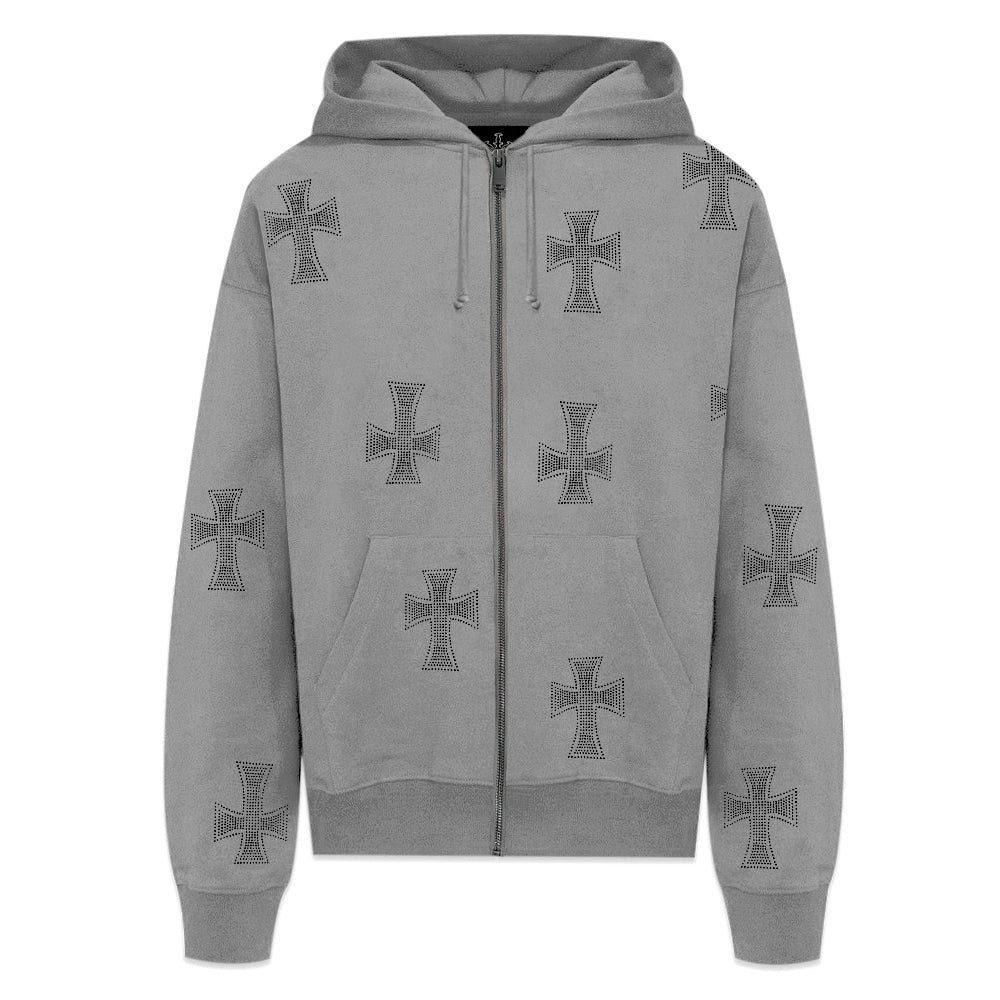 Cross Rhinestone Zip Up Hoodie