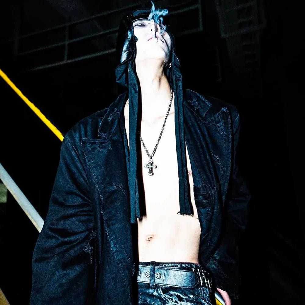 Black Distressed Denim Coat - EMOstanceclub - VENTURER