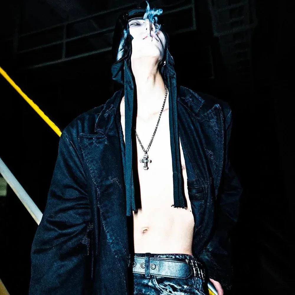Black Distressed Denim Coat - EMOstanceclub - VENTURER