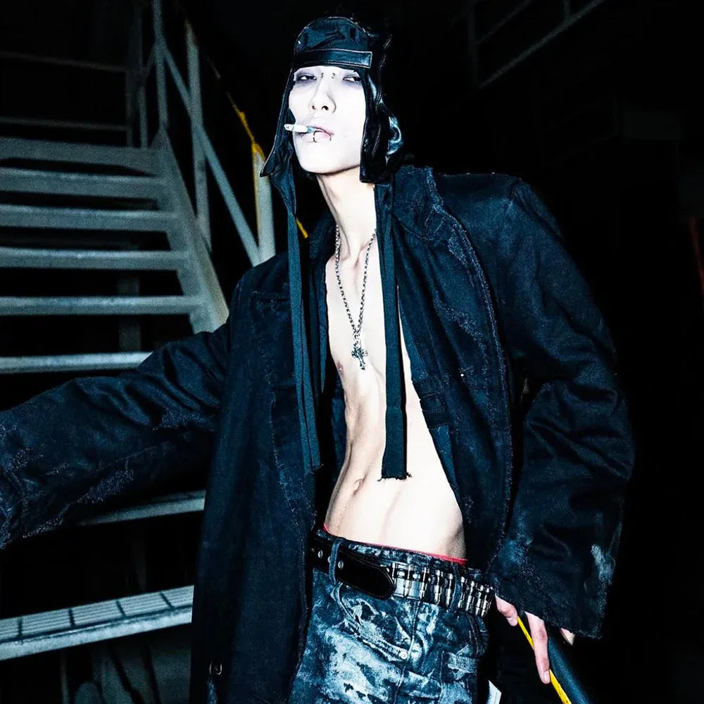 Black Distressed Denim Coat - EMOstanceclub - VENTURER